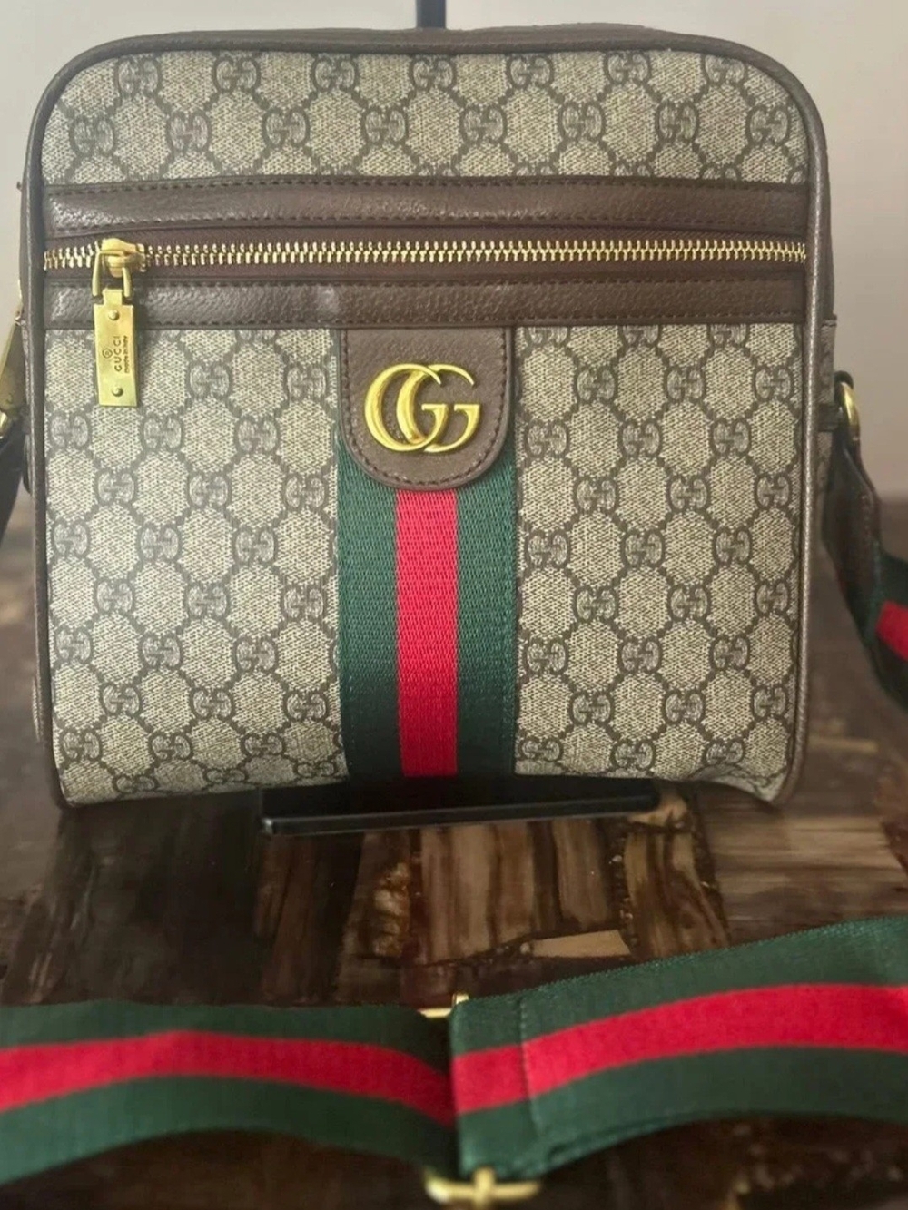 Supreme Canvas Messenger Bag with Green-Red Web